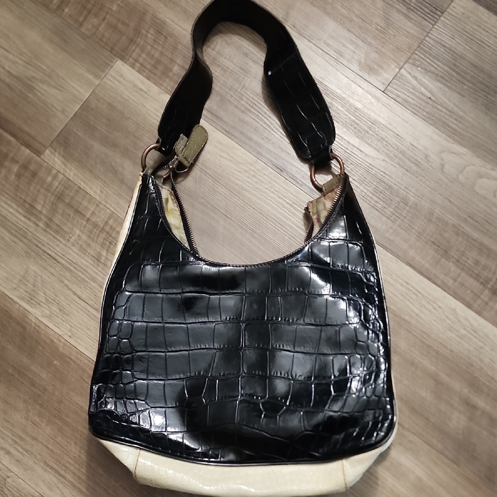 Guess Y2K Black Cream Floral Croc Embossed Shoulder Bag Grunge Purse - Picture 5 of 14